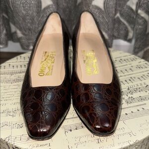 Salvatore Ferragamo Brown Croc Embossed Leather Heels